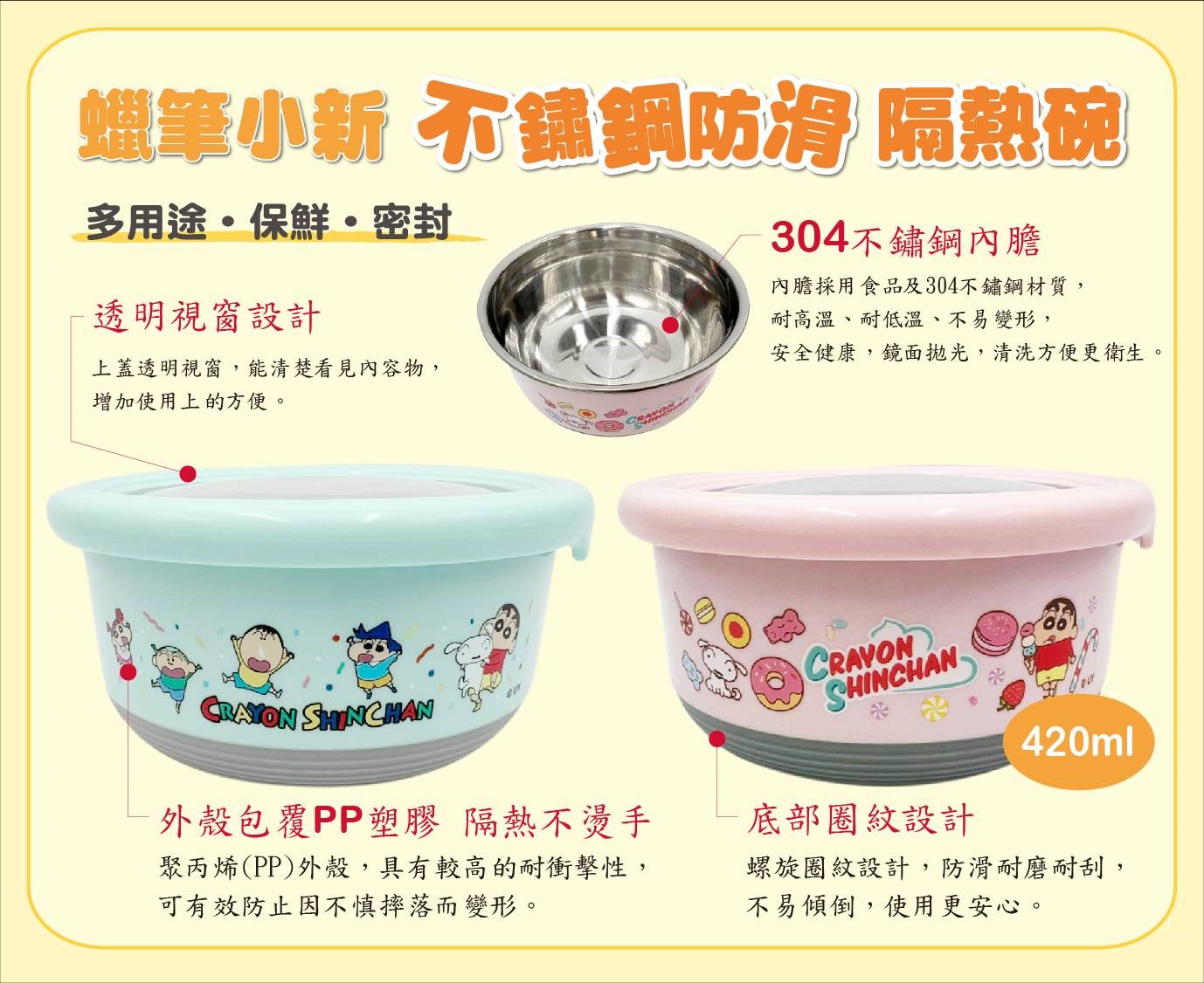 【虹斌】蠟筆小新防滑不鏽鋼隔熱碗420ml-藍/粉  4719889900160