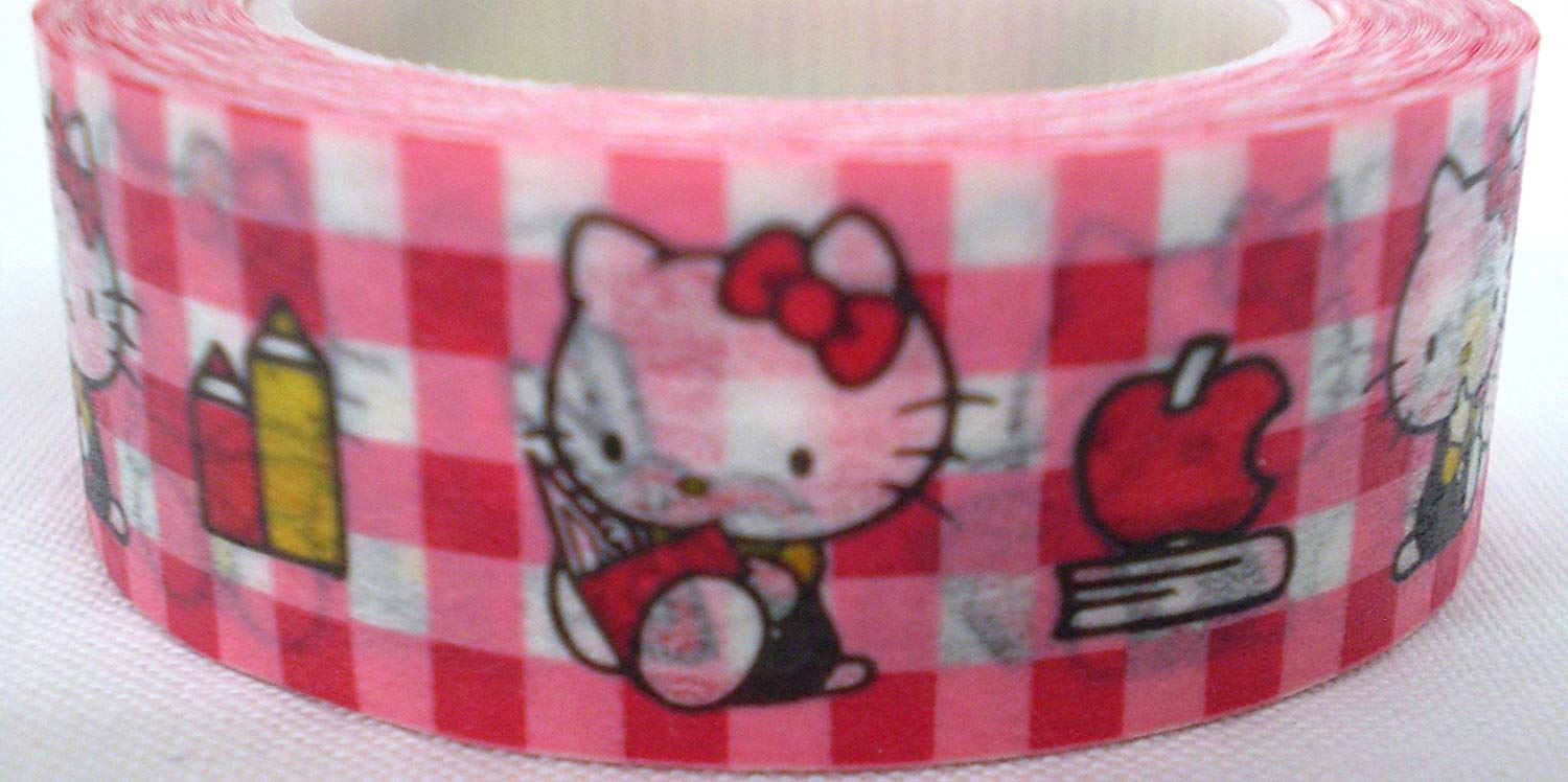 三麗鷗 Hello Kitty 凱蒂貓.卡其. 紅格.文具和紙膠帶  H3845. 15mm     4901610579282