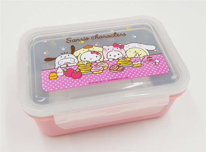 台灣製 三麗鷗系列 Hello Kitty凱蒂貓 大集合 不鏽鋼四面扣隔熱便當盒 700 ml ~粉色 /  -黃色